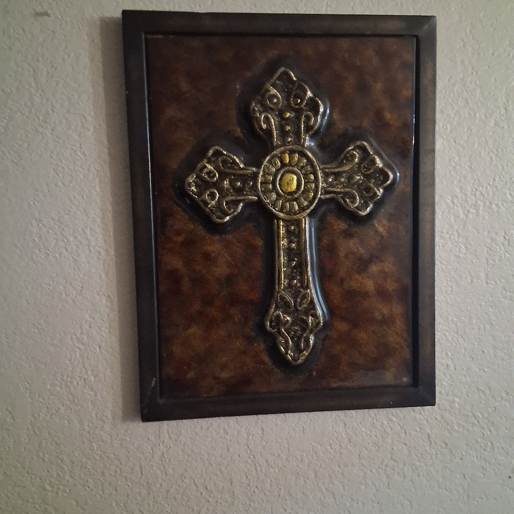 Ornate Brown and Gold Wall Cross Plaque